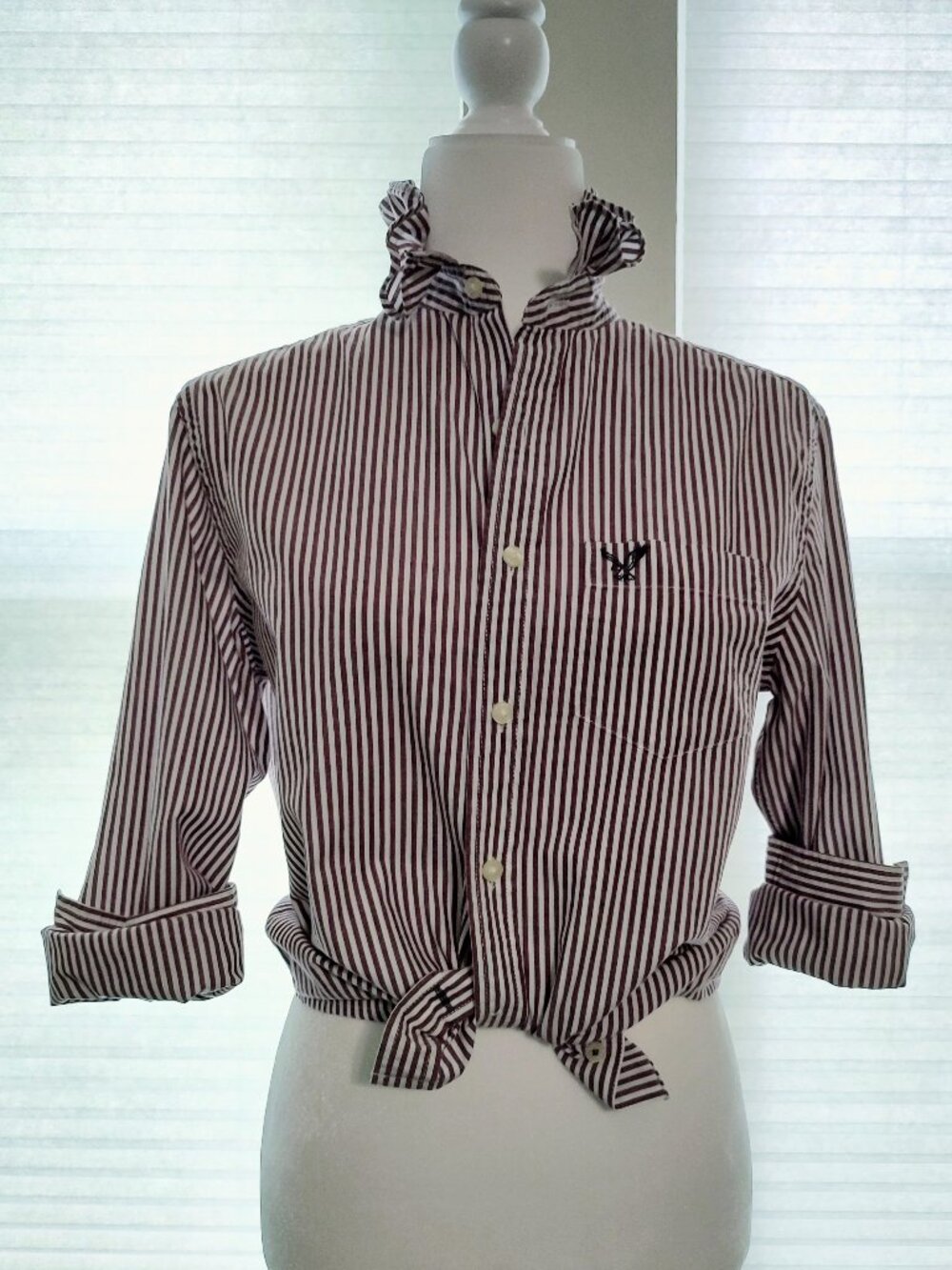 Women's Wine Striped Ruffle-Collar Shirt